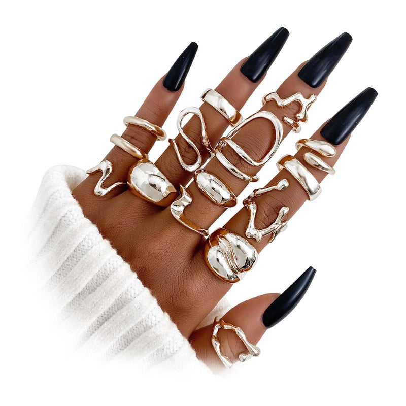 17IF 10-15 Pcs Silver Ring Set for Women Chunky Classic Dainty Boho Aesthetic Punk Thick Line Beig Size Simple Stacking on Thumb Knuckle Rings Pack (15Cool, Silver) - Image 1