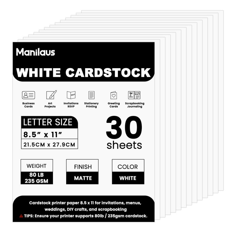 Manilaus White Cardstock 8.5 x 11"Inch, 80lb Cardstock Paper, 30 Sheets Card Stock Paper 8.5 x 11 White, Heavy Thick Cardstocks Printer Papers for Invitations, Menus, Weddings, DIY Cards, Scrapbooking. - Image 1