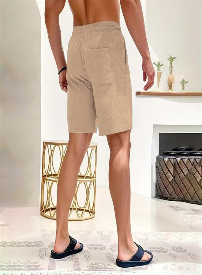 Loquat Solid Color Lace Up Sports Corduroy Minimalist Five Point Shorts Khaki Color,  - Image 3