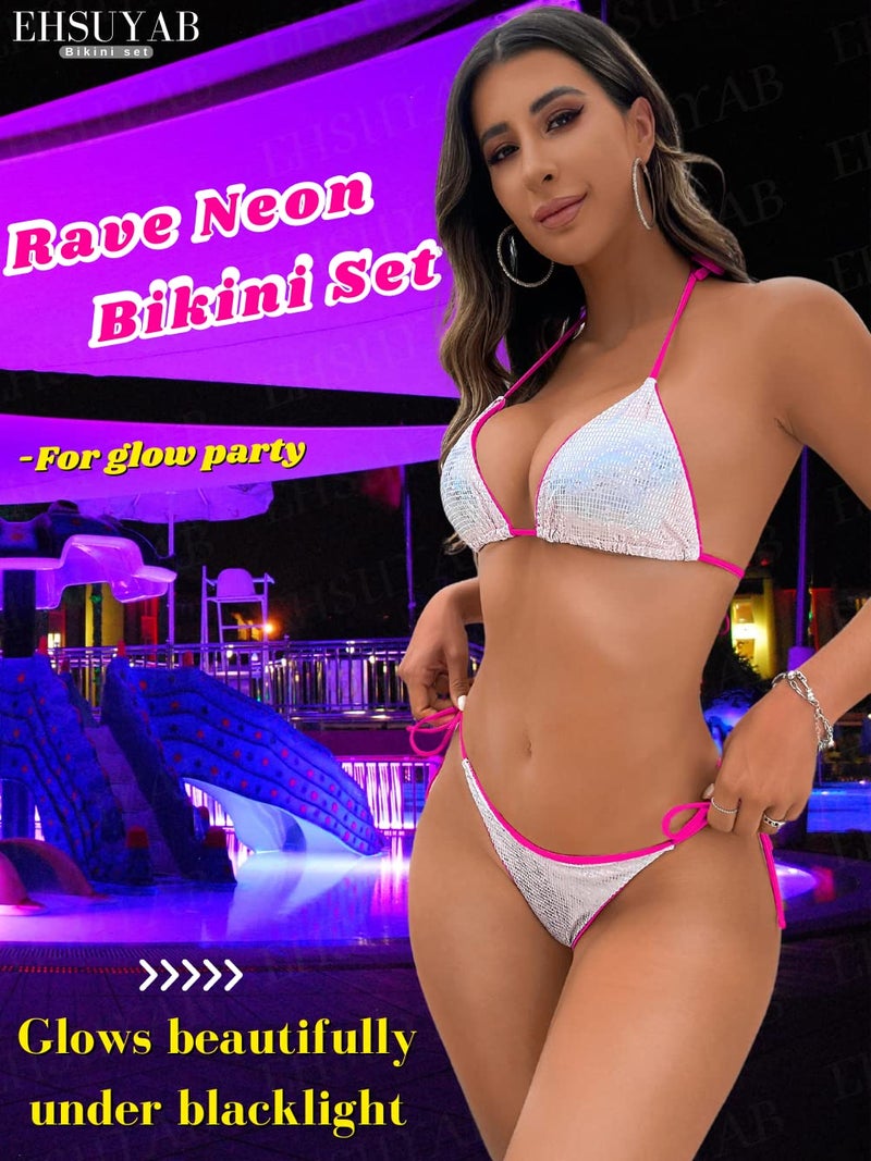 EHSUYAB Sexy Bikini Set, Thong String Triangle High Cut Metallic Bathing Suits for Women 2 Piece Bikini, Bralette Halter Tie Sparkly Padded Swimsuit Boudoir Beach Neon Pink Silver Medium - Image 4