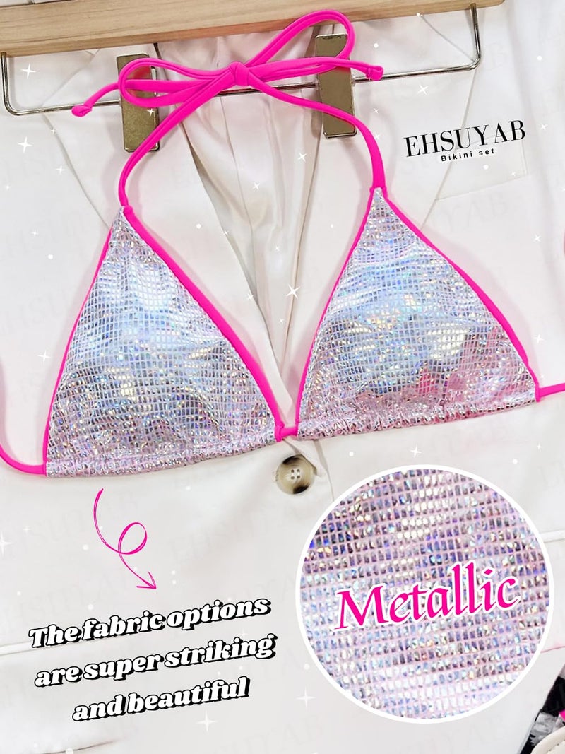 EHSUYAB Sexy Bikini Set, Thong String Triangle High Cut Metallic Bathing Suits for Women 2 Piece Bikini, Bralette Halter Tie Sparkly Padded Swimsuit Boudoir Beach Neon Pink Silver Medium - Image 3