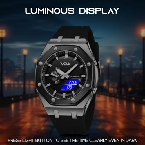 V2A Allure Octagonal Screw Case Analogue-Digital Watch for Men, Silicon Band, 30M Water Resistant, 5 Alarms, World Time, Countdown, Stopwatch | Birthday Gift (Black-Silver) - Image 3
