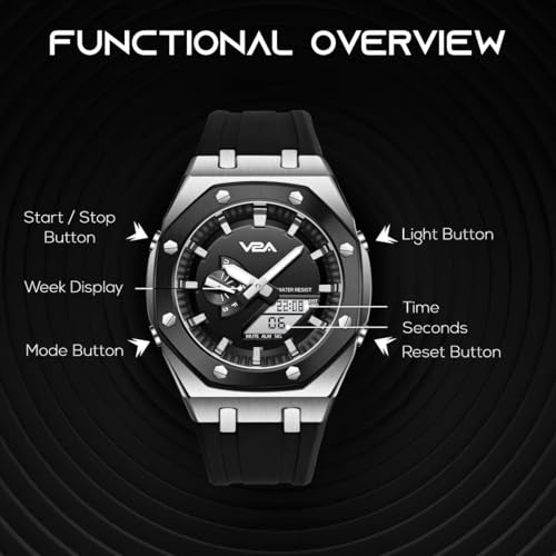 V2A Allure Octagonal Screw Case Analogue-Digital Watch for Men, Silicon Band, 30M Water Resistant, 5 Alarms, World Time, Countdown, Stopwatch | Birthday Gift (Black-Silver) - Image 2
