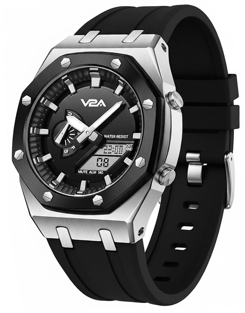 V2A Allure Octagonal Screw Case Analogue-Digital Watch for Men, Silicon Band, 30M Water Resistant, 5 Alarms, World Time, Countdown, Stopwatch | Birthday Gift (Black-Silver) - Image 1
