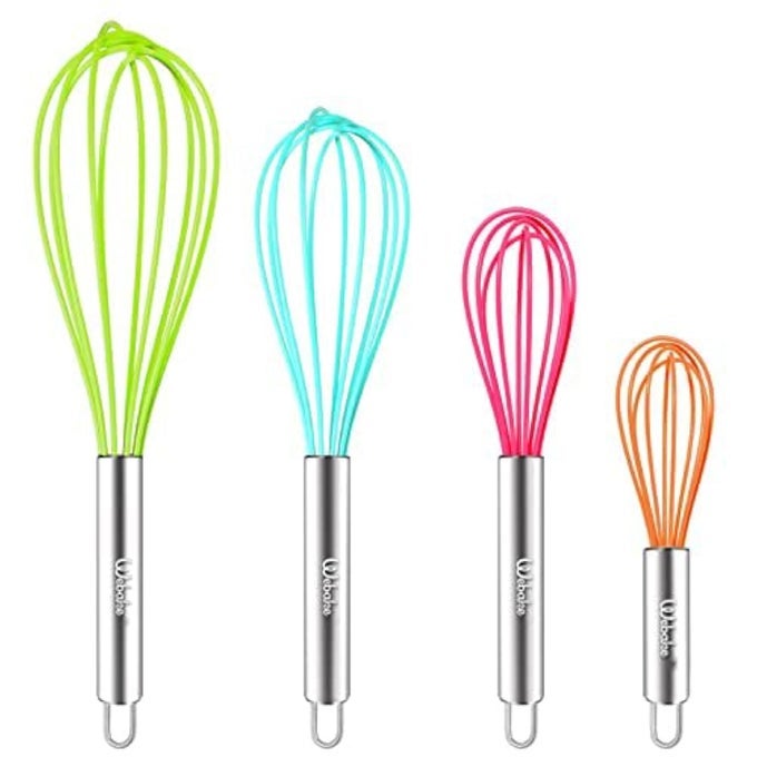 SILICONE WHISK LARGE MEDIUM SMALL AND MINI WHISK SET OF 4 HEAT RESISTANT NONSCRATCH COATED KITCHEN WHISKS FOR COOKING NONSTICK COOKWARE 4 COLOR BALLOON EGG WISK