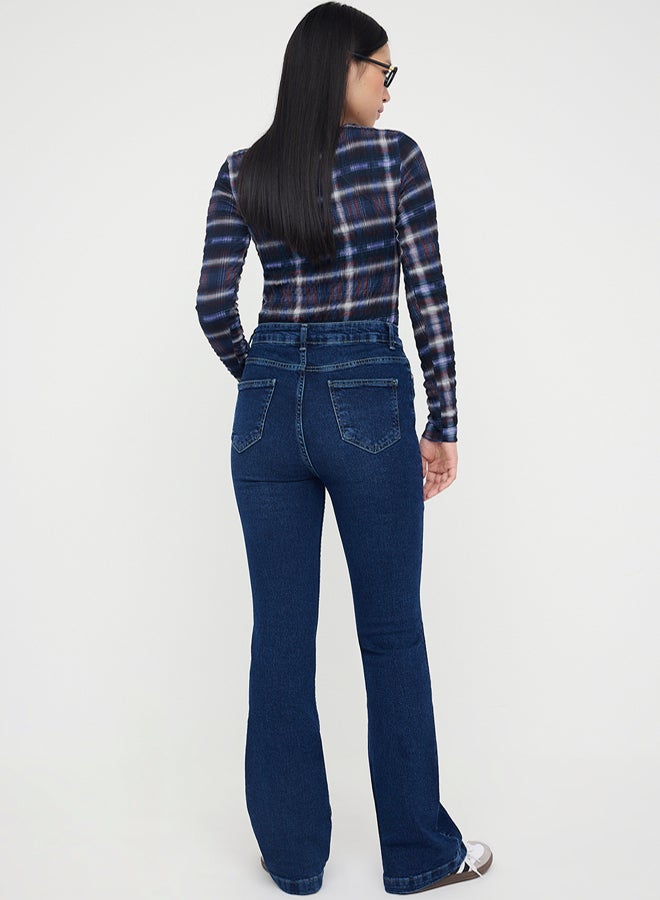 trendyol Teen Dark Blue High Waist Comfort/Flexible Flared F Flare Jeans - Image 4