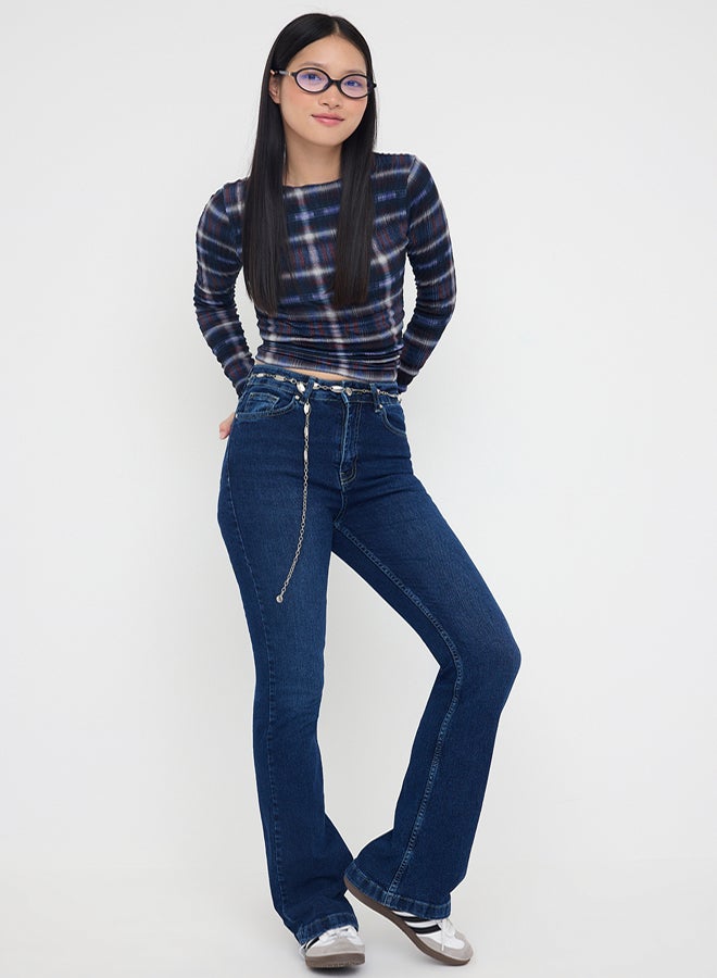 trendyol Teen Dark Blue High Waist Comfort/Flexible Flared F Flare Jeans - Image 2