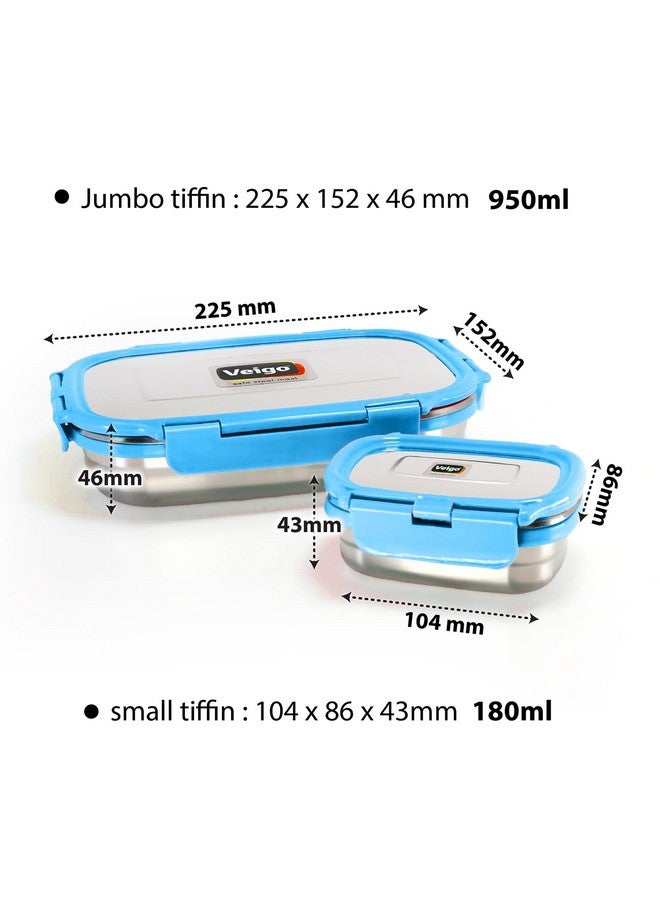 Veigo Steel Lunch Boxes for Office Men, Tiffin Box for Office Men, Lunch Box for Kids, Jumbo 950 ml, 180 ml Veg Box | Detachable Clips | Leakproof & Airtight | Durable Stainless Steel Lid | Blue - Image 3