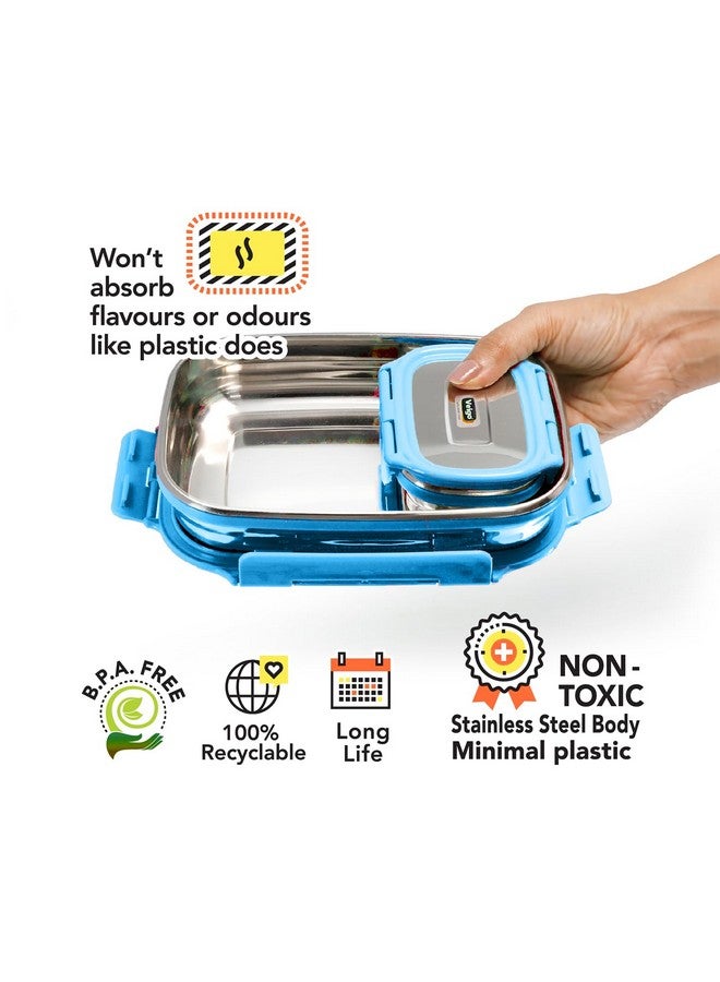 Veigo Steel Lunch Boxes for Office Men, Tiffin Box for Office Men, Lunch Box for Kids, Jumbo 950 ml, 180 ml Veg Box | Detachable Clips | Leakproof & Airtight | Durable Stainless Steel Lid | Blue - Image 2