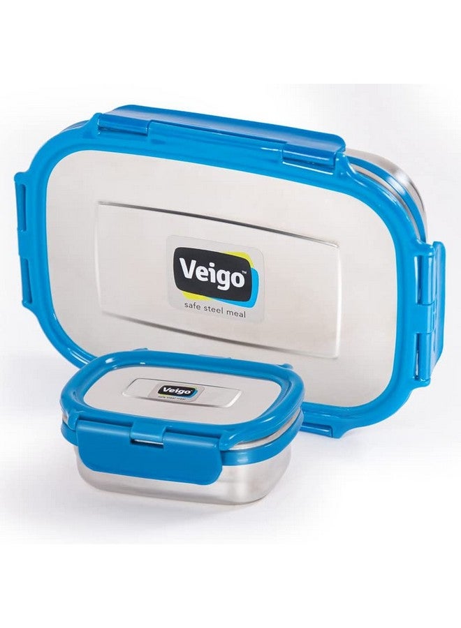 Veigo Steel Lunch Boxes for Office Men, Tiffin Box for Office Men, Lunch Box for Kids, Jumbo 950 ml, 180 ml Veg Box | Detachable Clips | Leakproof & Airtight | Durable Stainless Steel Lid | Blue - Image 1