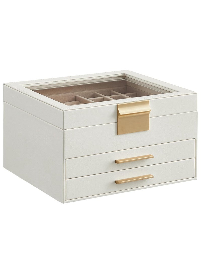 NANAO صندوق تنظيم المجوهرات بغطاء زجاجي، صندوق تنظيم المجوهرات 3 طبقات، 2 درج، لخواتم كبيرة وصغيرة، أقراط، صندوق ساعة، مجوهرات للنساء، أبيض سحابي وذهبي، هدية عيد الأم - Image 1