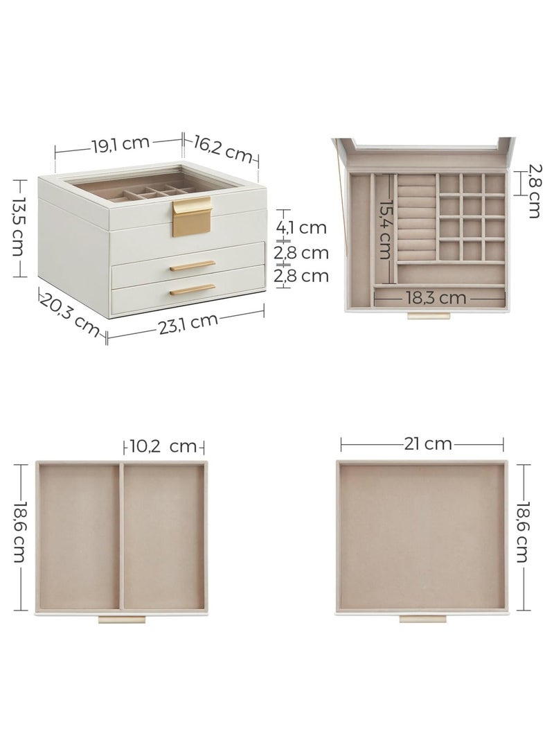 NANAO صندوق تنظيم المجوهرات بغطاء زجاجي، صندوق تنظيم المجوهرات 3 طبقات، 2 درج، لخواتم كبيرة وصغيرة، أقراط، صندوق ساعة، مجوهرات للنساء، أبيض سحابي وذهبي، هدية عيد الأم - Image 3