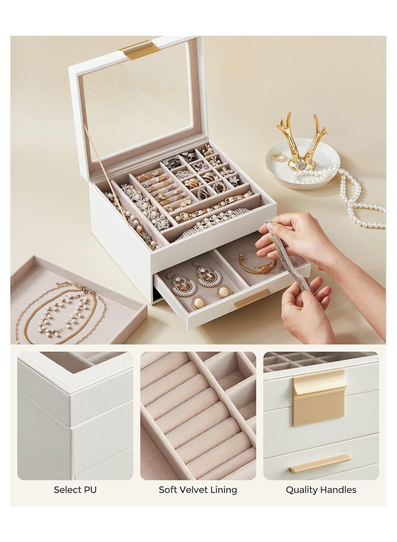 NANAO صندوق تنظيم المجوهرات بغطاء زجاجي، صندوق تنظيم المجوهرات 3 طبقات، 2 درج، لخواتم كبيرة وصغيرة، أقراط، صندوق ساعة، مجوهرات للنساء، أبيض سحابي وذهبي، هدية عيد الأم - Image 5