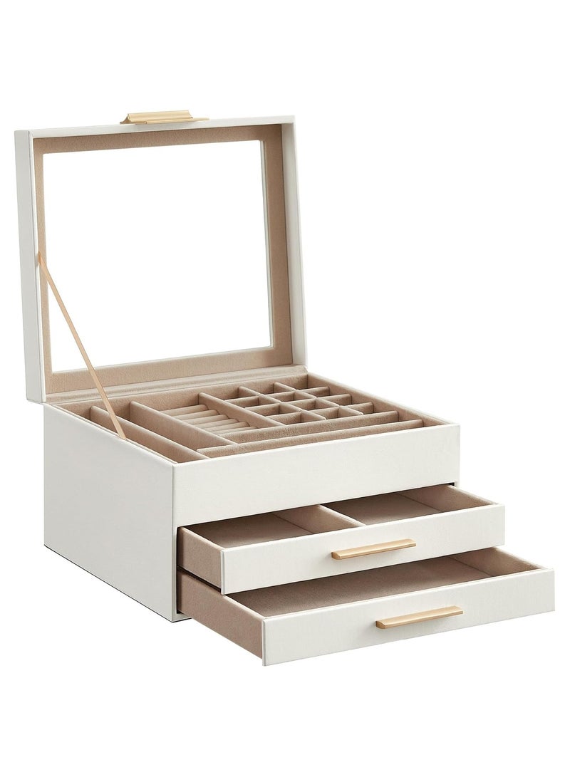 NANAO صندوق تنظيم المجوهرات بغطاء زجاجي، صندوق تنظيم المجوهرات 3 طبقات، 2 درج، لخواتم كبيرة وصغيرة، أقراط، صندوق ساعة، مجوهرات للنساء، أبيض سحابي وذهبي، هدية عيد الأم - Image 2