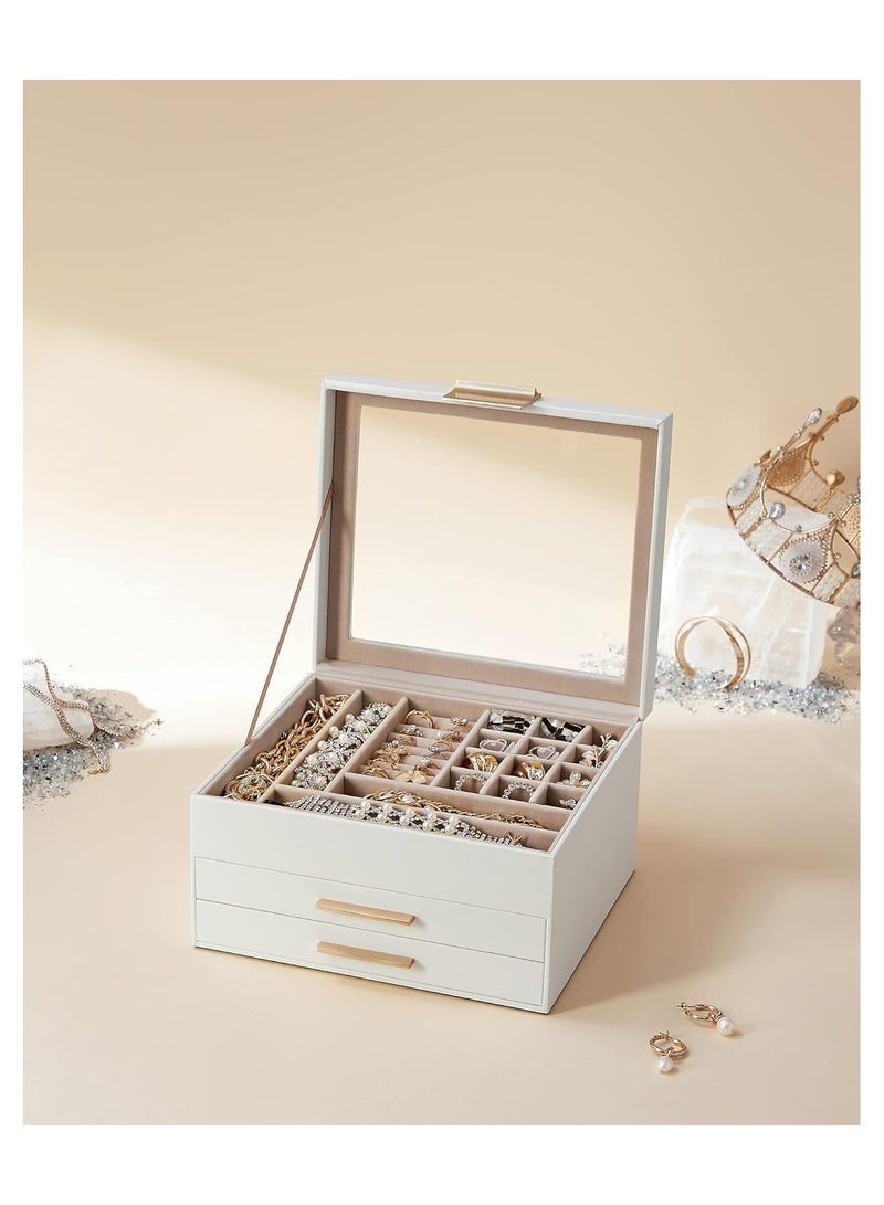 NANAO صندوق تنظيم المجوهرات بغطاء زجاجي، صندوق تنظيم المجوهرات 3 طبقات، 2 درج، لخواتم كبيرة وصغيرة، أقراط، صندوق ساعة، مجوهرات للنساء، أبيض سحابي وذهبي، هدية عيد الأم - Image 4
