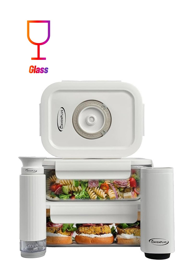 HavenPlus Food Vacuum Glass Container Set with Automatic and Manual Pump, Built-in Date Indicator, 3 pcs Glass Food Containers, Rectangular Airtight Storage, 630ml, 1040ml, 1480ml - Image 1
