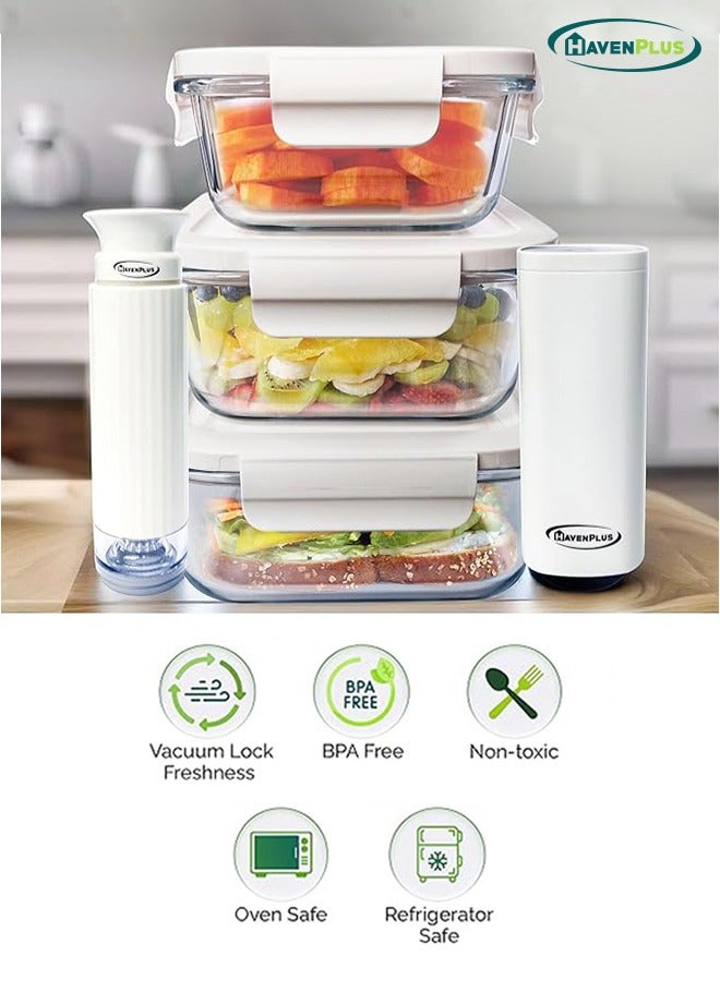 HavenPlus Food Vacuum Glass Container Set with Automatic and Manual Pump, Built-in Date Indicator, 3 pcs Glass Food Containers, Rectangular Airtight Storage, 630ml, 1040ml, 1480ml - Image 2