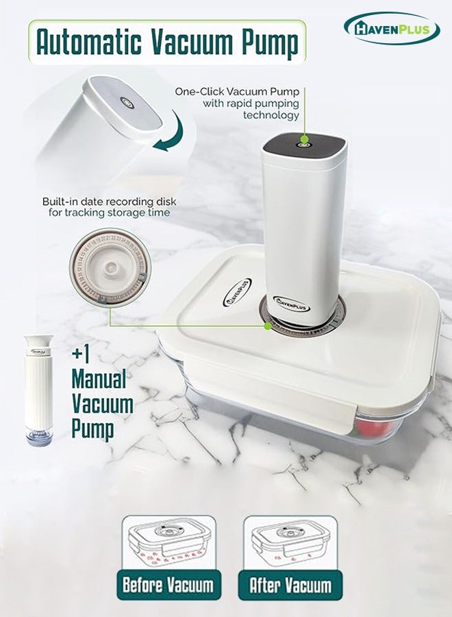 HavenPlus Food Vacuum Glass Container Set with Automatic and Manual Pump, Built-in Date Indicator, 3 pcs Glass Food Containers, Rectangular Airtight Storage, 630ml, 1040ml, 1480ml - Image 3