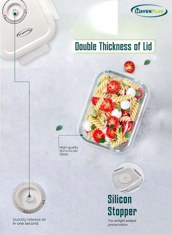 HavenPlus Food Vacuum Glass Container Set with Automatic and Manual Pump, Built-in Date Indicator, 3 pcs Glass Food Containers, Rectangular Airtight Storage, 630ml, 1040ml, 1480ml - Image 4