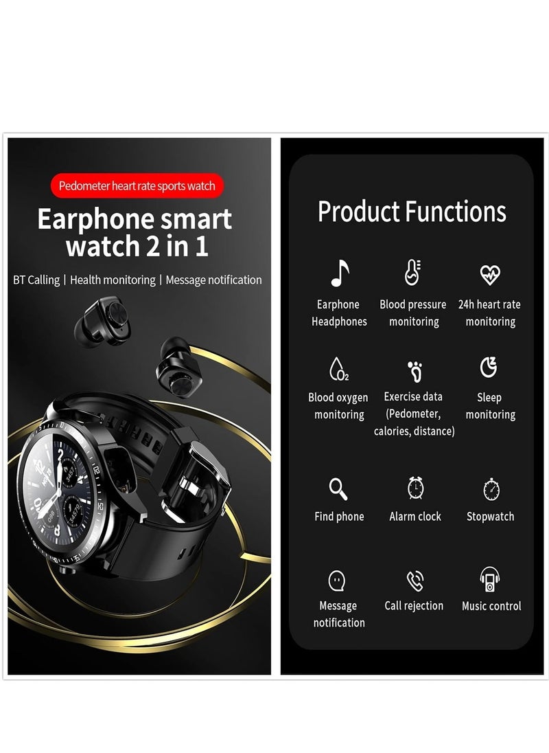 SYOSI - 2 in 1 Smart Watch with Earbuds 1.28" Smartwatch TWS HiFi Stereo Wireless Headset Combo Bluetooth Phone Call for Android iOS(Black) - Image 1