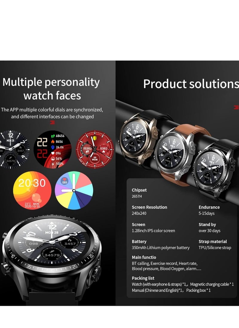 SYOSI - 2 in 1 Smart Watch with Earbuds 1.28" Smartwatch TWS HiFi Stereo Wireless Headset Combo Bluetooth Phone Call for Android iOS(Black) - Image 1
