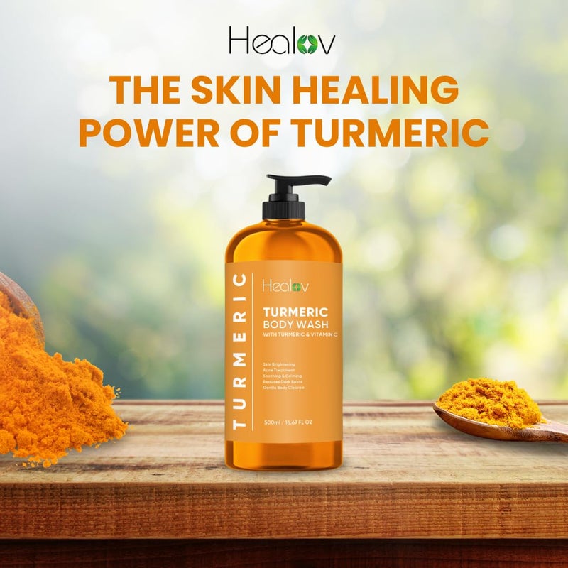 Healov Turmeric Body Wash â€“ Skin Brightening Soap for Dark Spots, Hyperpigmentation â€“ Exfoliating Turmeric Face Wash Reduces Acne, Scars, & Cleanses Skin â€“ Natural Bath Liquid Soap - Image 2