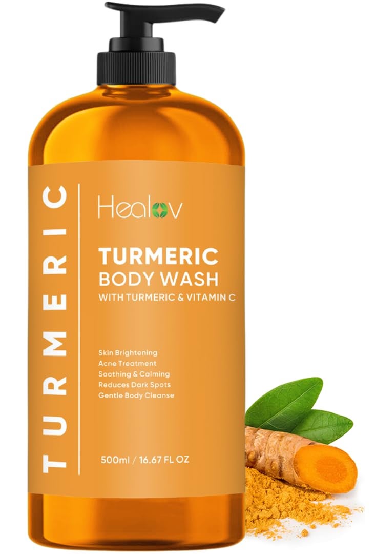 Healov Turmeric Body Wash â€“ Skin Brightening Soap for Dark Spots, Hyperpigmentation â€“ Exfoliating Turmeric Face Wash Reduces Acne, Scars, & Cleanses Skin â€“ Natural Bath Liquid Soap - Image 1