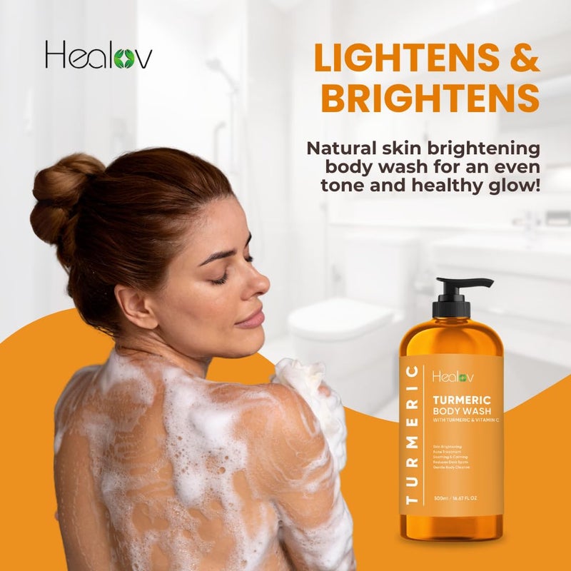 Healov Turmeric Body Wash â€“ Skin Brightening Soap for Dark Spots, Hyperpigmentation â€“ Exfoliating Turmeric Face Wash Reduces Acne, Scars, & Cleanses Skin â€“ Natural Bath Liquid Soap - Image 3