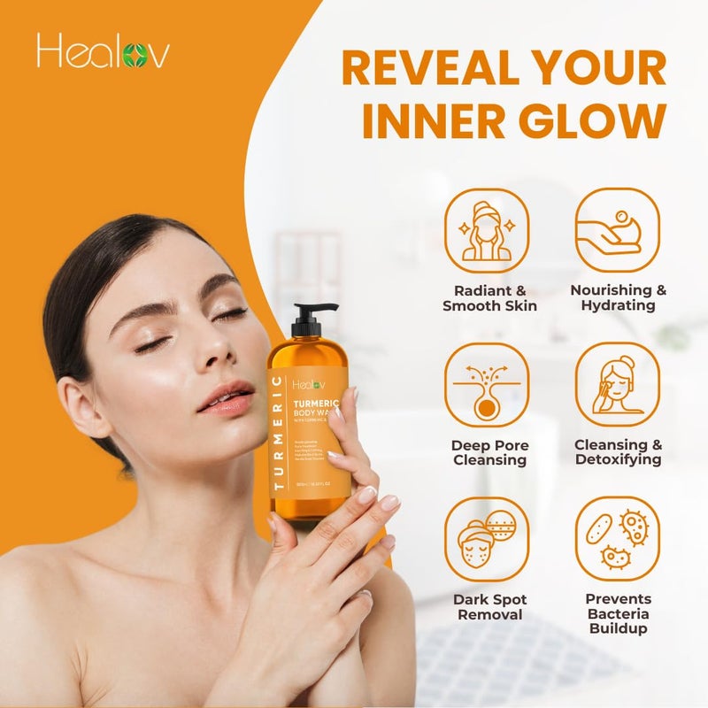 Healov Turmeric Body Wash â€“ Skin Brightening Soap for Dark Spots, Hyperpigmentation â€“ Exfoliating Turmeric Face Wash Reduces Acne, Scars, & Cleanses Skin â€“ Natural Bath Liquid Soap - Image 4
