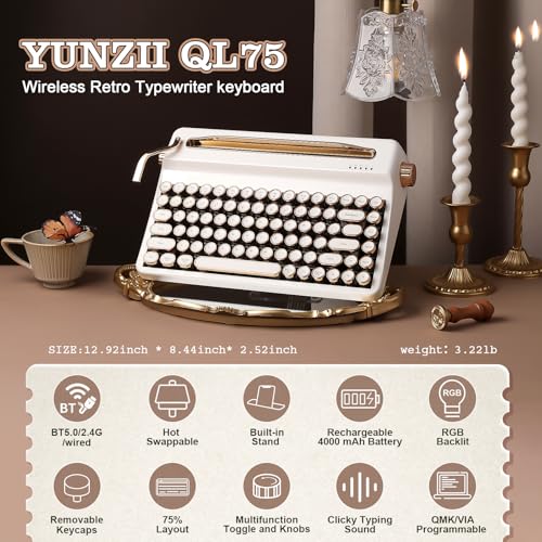 YUNZII QL75 Wireless Typewriter Hot Swap Retro Mechanical KeyboardPunk Round KeycapsRGB Backlit QMKVIA Programmable MultiDevice Keyboard with 24GHzTypeCBT50 White Cocoa Cream V2 Switch - Image 3