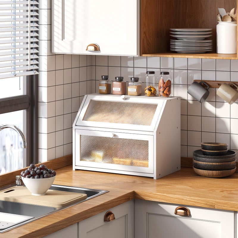 STDDRE Bread Box for Kitchen Countertop Bin Double Layer Bread Box Storage Container Extra Large Capacity Farmhouse with Diamond Pattern Windows White Large