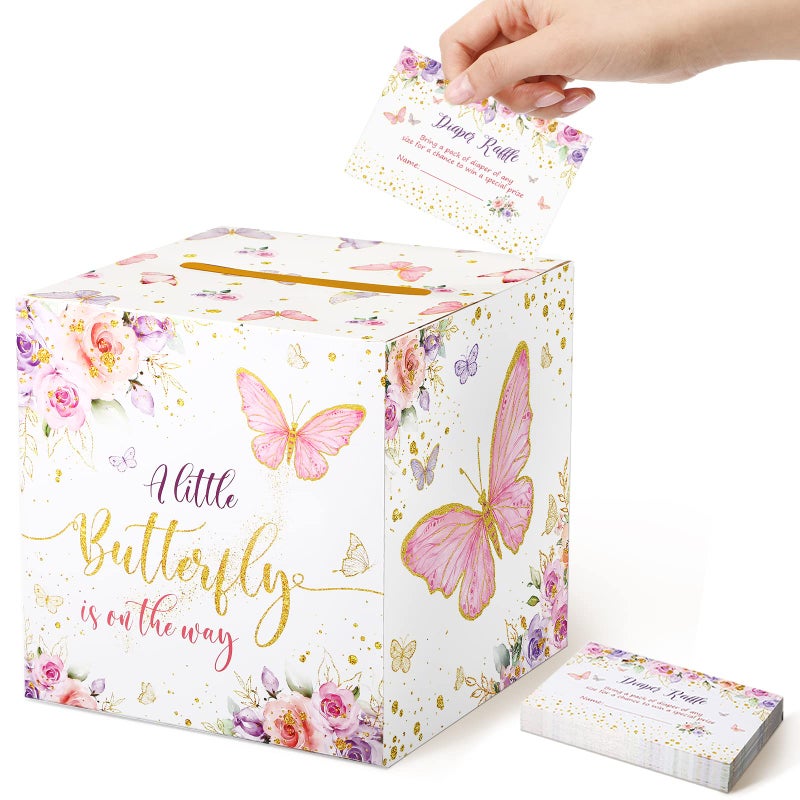 Fumete 51 Pcs Winter Diaper Raffle Tickets with Diaper Raffle Card Box for Baby Shower Games Boys Girls Gender Reveal PartyButterfly Theme