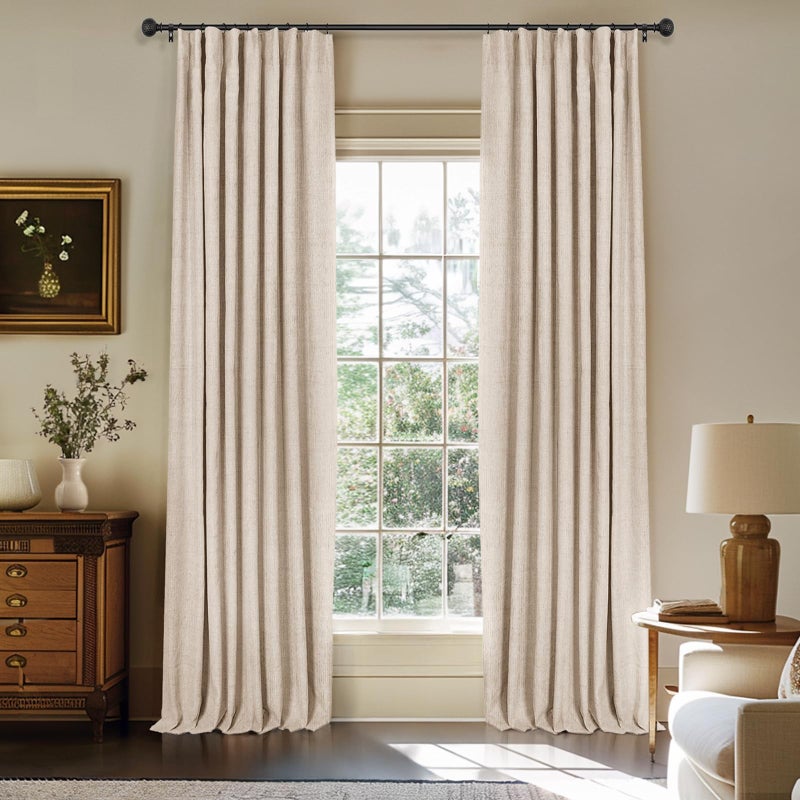 INOVADAY 100% Blackout Curtains for Bedroom, Black Out Curtains 63 Inch Long, Clip Rings Linen Blackout Drapes, Thermal Insulated Room Darkening for Living Room, 2 Panels - Oatmeal,W50xL63 - Image 1