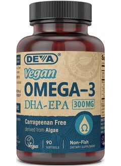 ديفا مكمل غذائي نباتي من DEVA Omega-3 DHA EPA، كبسولة هلامية ناعمة مرة واحدة يوميًا 300 مجم - كاراجينان، جيلاتين وخالي من الجلوتين - زيت طحالب غير سمكي وأحماض دهنية - 90 كبسولة هلامية  - Image 1