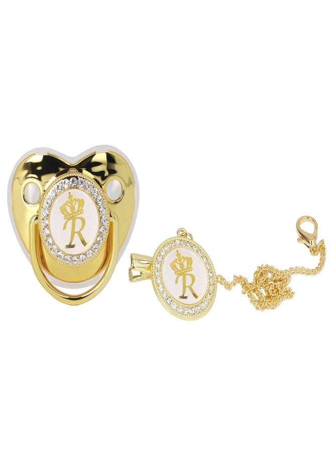 GLOGLOW Golden Pacifier, Personalized Bling Pacifier with Pacifier Clips and Anti-Dust Cover for Newborn Birthday Photography(Letter R) - Image 1