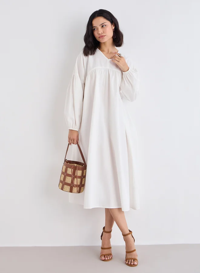 ستايلي Styli White Cotton Poplin Midi Dress with Volume Sleeves