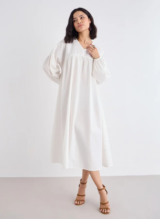 ستايلي Styli White Cotton Poplin Midi Dress with Volume Sleeves