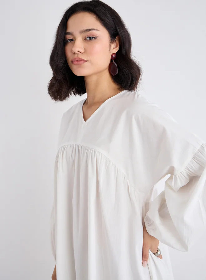 Styli Styli White Cotton Poplin Midi Dress with Volume Sleeves