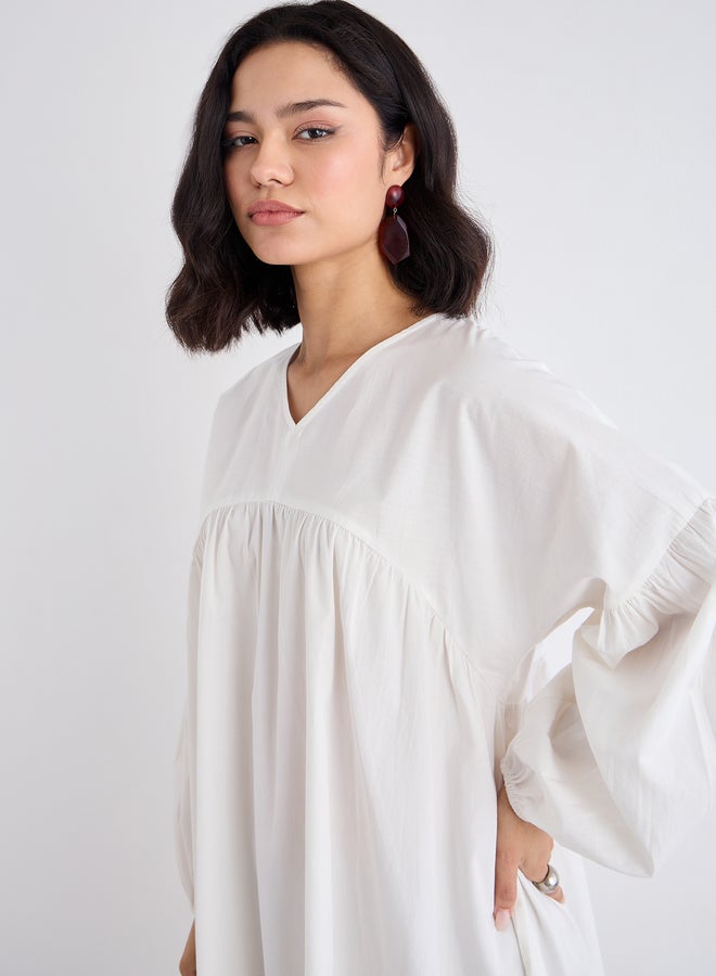 ستايلي فستان ميدي قطن بوبلين أبيض بأكمام منفوشة - Image 4