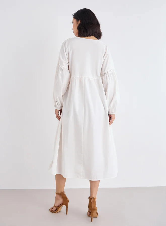 Styli Styli White Cotton Poplin Midi Dress with Volume Sleeves