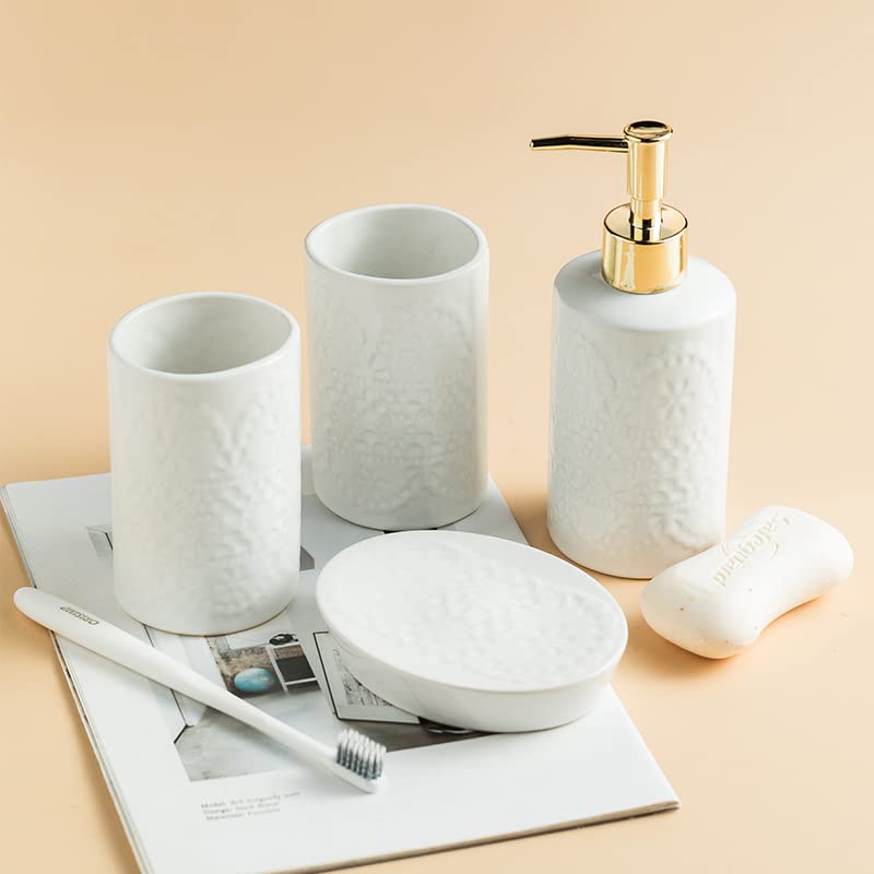 FabSeasons 4 Pieces Self Design Bathroom Accessory Sets Includes Soap/Lotion Dispenser, 2 Tumblers/Tooth Brush Holder, 1 Soap Dish/Holder - Image 1