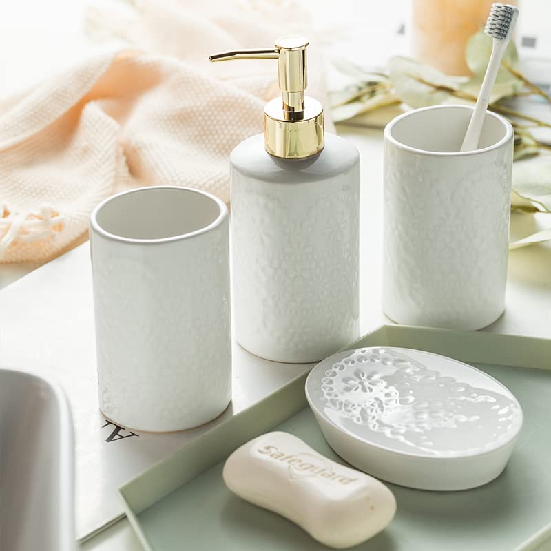 FabSeasons 4 Pieces Self Design Bathroom Accessory Sets Includes Soap/Lotion Dispenser, 2 Tumblers/Tooth Brush Holder, 1 Soap Dish/Holder - Image 5