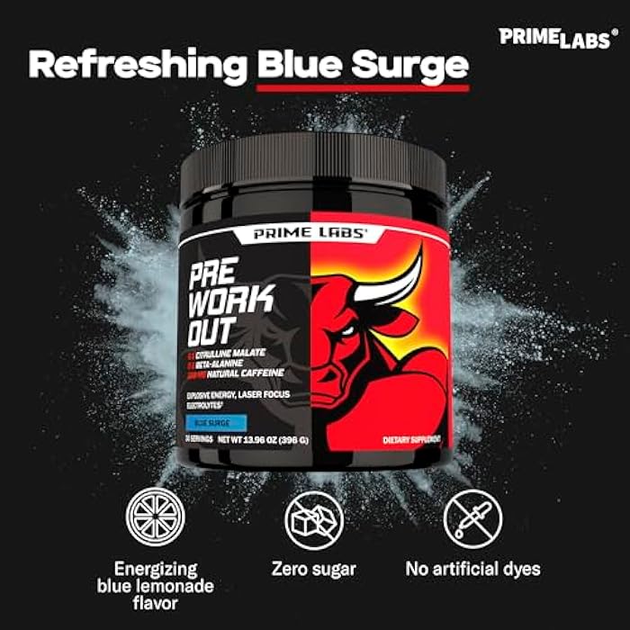 Prime Labs Pre Workout Powder for Men - with Citrulline Malate, Beta-Alanine, and Natural Caffeine - Energy, Focus, Power - Blue Lemonade Flavor - 30 Servings - Image 4