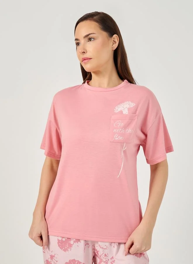 Styli Slogan Print Pocket Detail T-Shirt and Pyjama Set