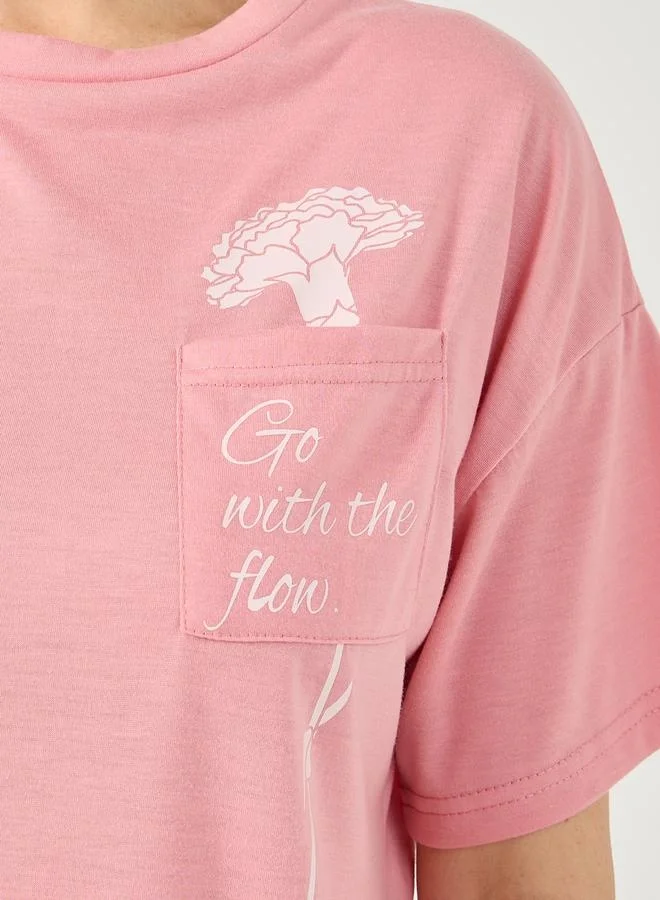 Styli Slogan Print Pocket Detail T-Shirt and Pyjama Set