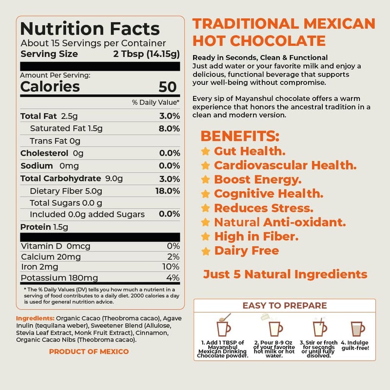 Mayanshul Mexican Hot Chocolate Mix -Real Cacao from Mexico- Rich, Smooth & Lightly Sweetened, Cane Sugar Free | Prebiotic Fiber | Keto, Low Carb, Dairy-Free - 15 Servings - Image 3