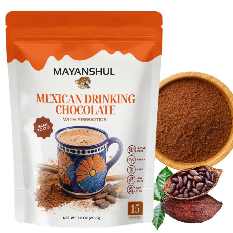 Mayanshul Mexican Hot Chocolate Mix -Real Cacao from Mexico- Rich, Smooth & Lightly Sweetened, Cane Sugar Free | Prebiotic Fiber | Keto, Low Carb, Dairy-Free - 15 Servings - Image 1