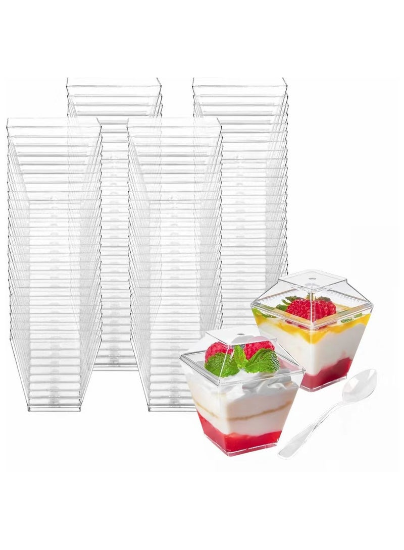 50 Pack 2 oz /60ml Mini Dessert Cups with Lids ang Spoons , Square Clear Plastic Appetizer Cups, Reusable Parfait Cups, Small Dessert Bowls for Serving Fruit Ice Cream Pudding Yogurt  - Image 1