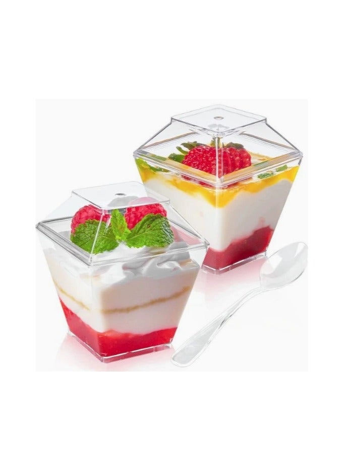 50 Pack 2 oz /60ml Mini Dessert Cups with Lids ang Spoons , Square Clear Plastic Appetizer Cups, Reusable Parfait Cups, Small Dessert Bowls for Serving Fruit Ice Cream Pudding Yogurt  - Image 2