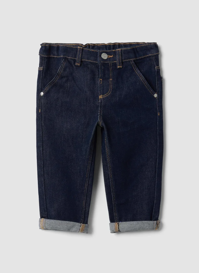 او في اس OVS Dark Blue Stretch Cotton Denim Jeans With Turn-Up Cuffs For Baby Boy
